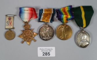 WWI medal Trio awarded to Corporal M Harris, Welsh Regiment comprising: 1914-18 War Medal, 1914-15