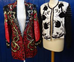 Two vintage sequin 1980's floral design evening jackets; one cream and black Frank Usher pure silk