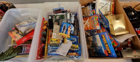Three boxes of assorted diecast and other model vehicles, to include: Hot Wheels, Ertle, Sky