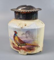 Locke & Co. Worcester porcelain tea caddy with silver plated cover, painted with pheasant in a