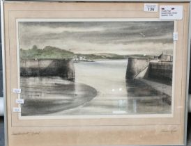 Claud Page (Welsh 20th Century), The harbour mouth Saundersfoot, Dyfed, aquatint print, signed to