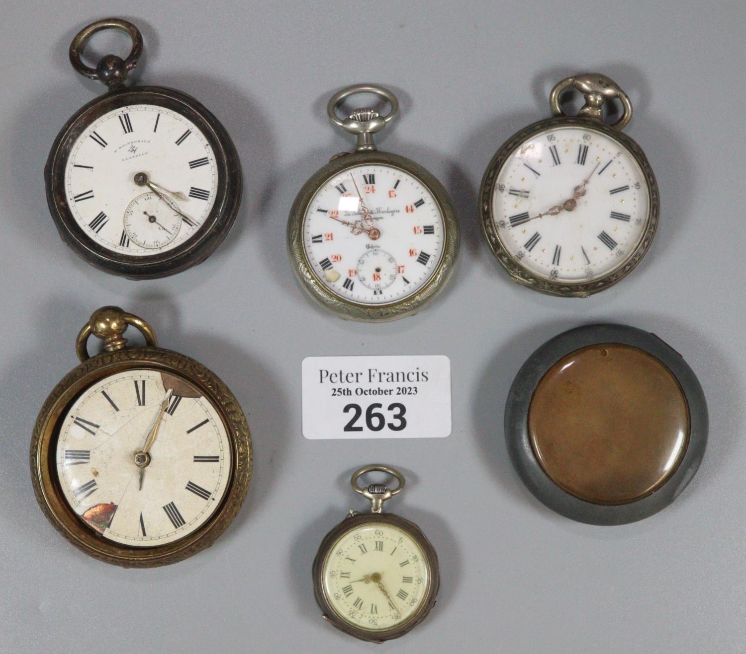 Collection of assorted pocket and fob watches, various, white metal etc. plus a watch case. (5) (B.
