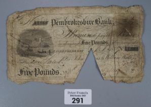 Pembrokeshire Bank White Five Pound Note dated 1859. Clipped and cancelled. (B.P. 21% + VAT)