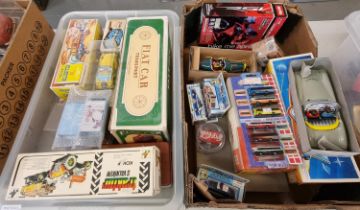 Two boxes of diecast and other model vehicles and toys, to include: Japanese tinplate flying boat,