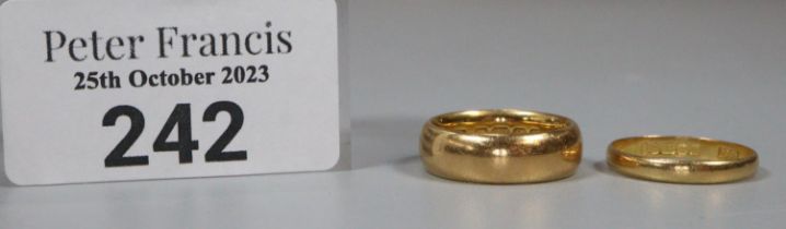 Two 22ct gold wedding bands. 10g approx. Sizes I and J1/2. (B.P. 21% + VAT)