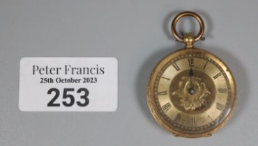 19th century 18ct gold outer cased fancy key wind open faced fob watch with engine turned and