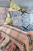 Vintage single check design woollen Welsh tapestry blanket with fringed edge, together with three