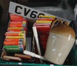 Box containing a collection of maps, mostly Ordnance Survey, bicycle pumps, a two tone stoneware