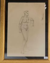 British School (20th century), portrait of a standing nude female, sketch. 56x39cm approx. Framed