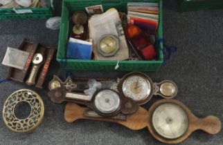 Collection of assorted items to include: various barometers, Welsh language single vinyls, clock,