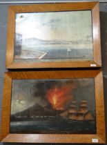 Neapolitan School, studies of the Bay of Naples, a calm day and the eruption of Mount Vesuvius, oils