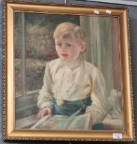British School (early 20th century), portrait of a young boy reading. Oils on canvas. 62x46cm