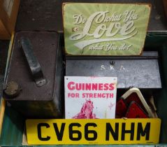 Box containing military oil can with brass cap, deed's box marked SKA, Guinness advertising metal