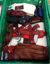 Box of men's vintage fashion accessories to include: Scottish tartan ties, woollen socks, leather