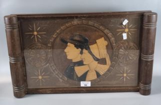 20th century two handled glass top tray inlaid with Naif Dutch portrait scene. (B.P. 21% + VAT)