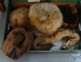 Box of vintage fur items to include: Mitzi Lorenz and Dolores mink fur hats, fox fur hat, velvet fur