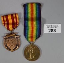 WWI Victory Medal awarded to Private R W Lusher of the Essex Regiment together with a French Medal