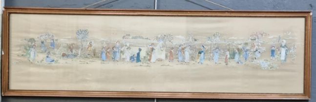 Child's nursery picture depicting children and other figures in a landscape, printed and painted