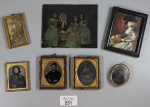 Plastic tub comprising framed ambrotypes together with a framed portrait print and a family portrait