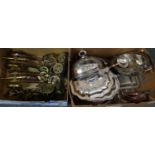 Two boxes of metalware to include: various horse brasses, fox shaped door knocker, brass model