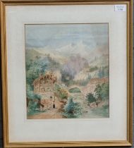 Thomas Richard Hofland, continental mountain landscape with river, houses and mountains, signed.