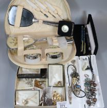Box of assorted costume jewellery, various to include: chains and pendants, brooches, vanity set,