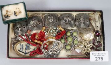Tray of assorted jewellery to include: white metal Indian bracelet decorated with Pharos and