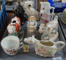 Tray of mostly china to include: various Staffordshire 19th Century cow creamers, Ironstone cow milk