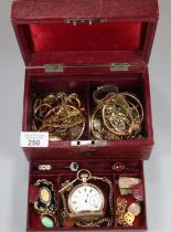 Victorian leather jewellery box comprising assorted oddments to include: full hinter gold plated