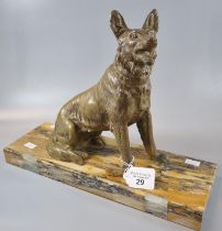 Art Deco design gilded spelter study of a German Shepherd dog on a veined marble base. 34cm wide