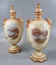 Pair of Locke & Co Worcester porcelain baluster shaped two handled lidded vases with painted