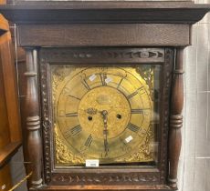 18th/19th century oak cased long case clock, the brass Roman face marked 'Lindall' and having date