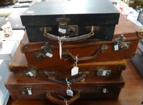 Collection of vintage suitcases to include: three leather; one with vintage hotel and travel