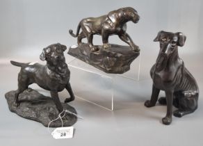 Patinated bronze study of a seated hound 19.5cm high approx. , bronzed spelter study of a panther on