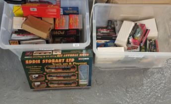 Two plastic boxes of assorted diecast model vehicles to include: Corgi Eddy Stobart truck set and