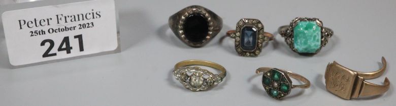 Collection of gold and silver dress rings, one broken 9ct gold signet ring weighing 4.2g approx. (