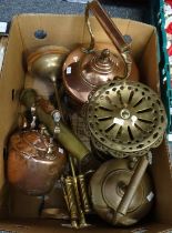 Box of metalware to include: copper kettles, brass trivet, trench art shell case, fireside items