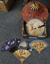 Vintage bamboo and wax print fabric folding fan hat, together with five vintage fans. (B.P. 21% +
