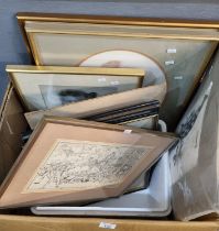 Box of assorted furnishing pictures to include: marine studies, stable scenes, watercolours