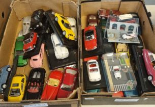 Two trays of Maisto and Borrego model vehicles, some on plastic plinths. (2) (B.P. 21% + VAT)