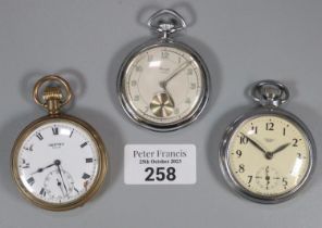 Vertex gold plated keyless lever open faced pocket watch and two more modern chrome plated open