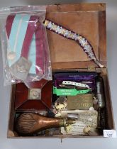 Wooden box comprising assorted oddments: Colt Revolvers advertising belt buckle, Sheaffer 14K nib