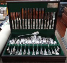 Butler Sheffield wooden cased canteen of silver plated cutlery, full set with some extra loose