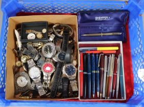 Collection of watches and pens to include: fountain pens, Senator, Seiko Solar watches, Accurist,