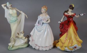 Three Royal Doulton figurines: figure of the Year 1996 'Belle' HN3703, 'Claire' HN3646 and 'Harriet'