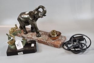 An Art Deco spelter animal figure group on marble base of a rabbit and pheasant on foliage, together
