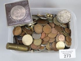 Box of assorted mainly GB and foreign coinage, to also include a 1914-18 medal, Winston Churchill