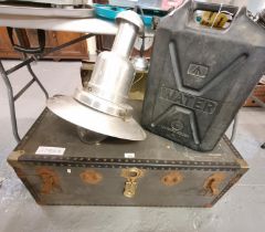 Steamer trunk, aluminium centre light fitting and a plastic water can. (B.P. 21% + VAT)