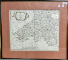 Robert Morden, an original sparsely coloured map of 'South Wales'. 36x43cm approx. Hogarth frame. (