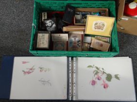 Box of assorted items to include: folder of artworks by Mark Phelan containing botanical sketches